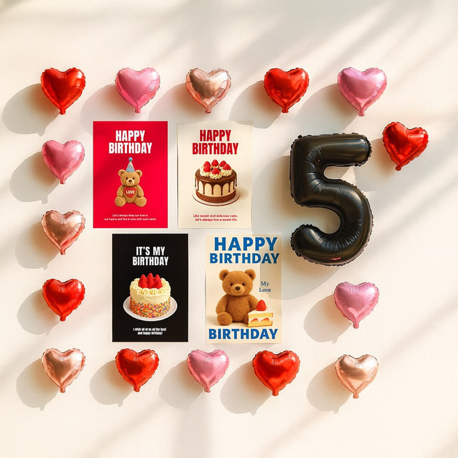 해피제이니 심플 이즈더 미니하트 20개 국산 생일포스터 숫자 호일풍선 생일 파티용품세트, 1세트, 레드 숫자5