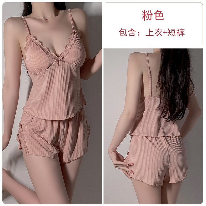 蕾絲拼接吊帶上衣 彈力短褲 家居服套裝