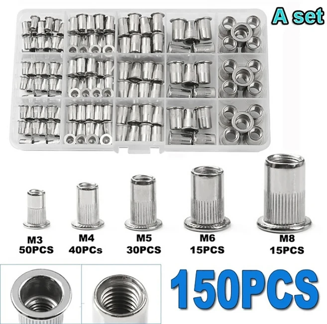 150PCS 리벳 너트 플라이어 맨드릴 M3/M4/M5/M6/M8 Repairtool Rivetgun 플랫 헤드 스크류 팝, 150pcs Aluminum 5
