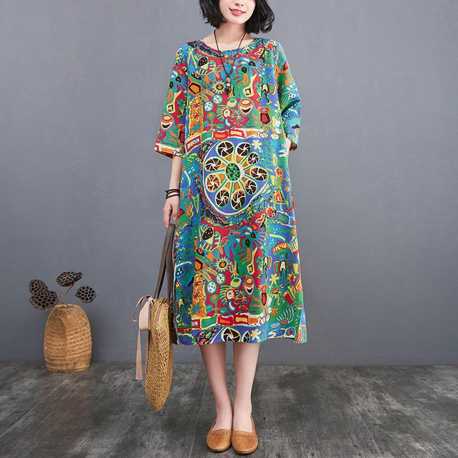 WPUY 엄마옷 프린팅 라운드넥 할머니옷 풍기인견원피스 나염 롱 반팔 빅사이즈 에스닉 몸매커버 홈웨어 휴양지 롱 원피스