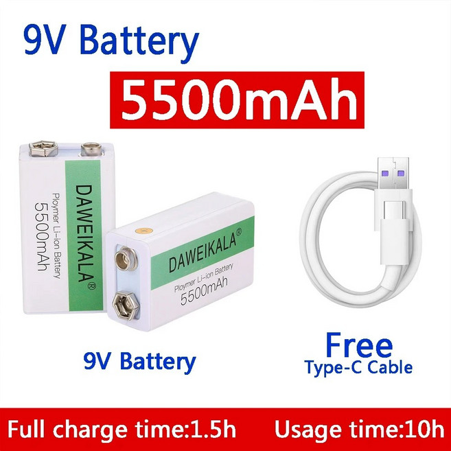 9V 5500mAh 9V 배터리 리튬 이온 충전식 배터리 마이크로 USB 배터리 9v 리튬 멀티 미터 마이크 장난감 USB 충전 케이블, 1개
