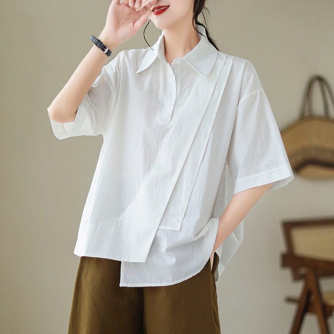 Makone 여성 빈티지 언발란스 얇은 반팔 셔츠 캐주얼 데일리 솔리드 루즈핏 반소매 탑