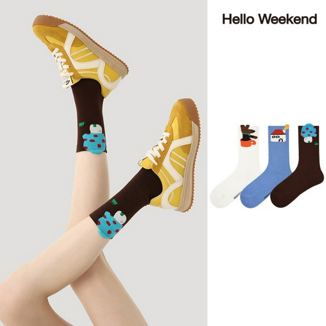Hello Weekend 여성 귀여운 봄여름 양말 중목 양말 장목 양말 중목 양말 운동 패션 순면 양말 3족 세트
