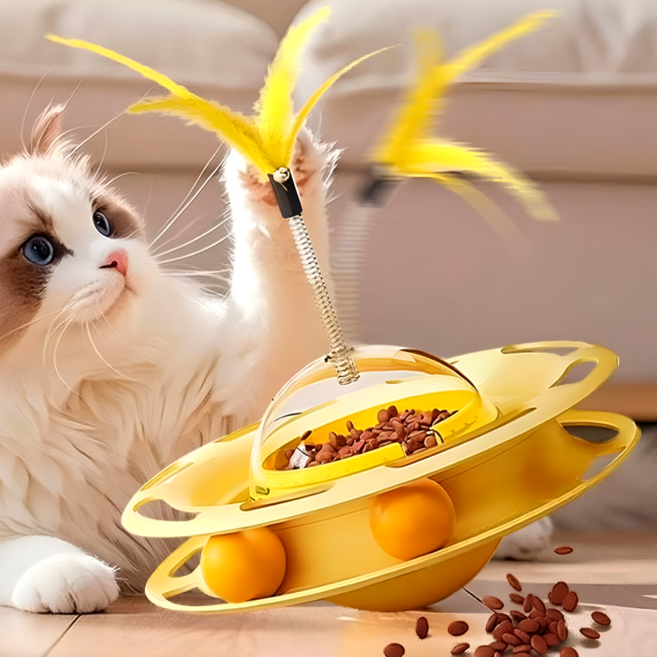 엘케이굿 깃털놀이 비행접시 고양이 노즈워크 간식 장난감, 1개, 옐로우