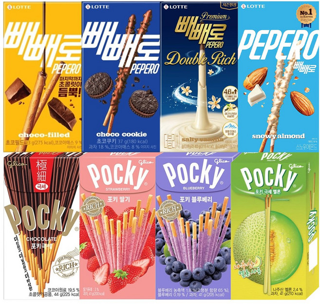PK8 빼빼로4 스노위아몬드 솔티바닐라 초코쿠키 누드 + 포키4 멜론 블루베리 딸기 극세, 1