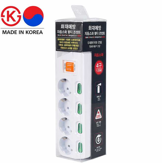 JS엠택 개별스위치 4구 멀티탭 화재방지 자동소화 안전 멀티콘센트, 화이트, 1개, 1.5m
