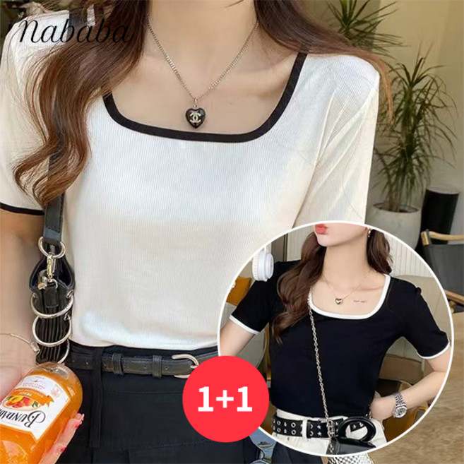 나바바 NT2727 여성 1+1 골지 스퀘어넥 크롭 반팔 티셔츠