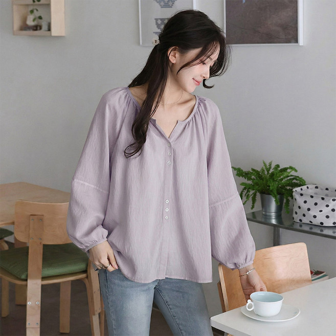 데일리앤 렌느 여리여리 루즈핏 쉬폰 셔링 퍼프 긴팔 여성 블라우스 봄 여름 시스루 셔츠 살안타템