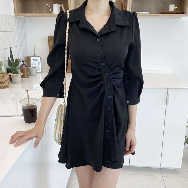 셔링 플레어 사선 셔츠원피스 오피스룩 결혼식 하객 남친 데이트룩 원피스