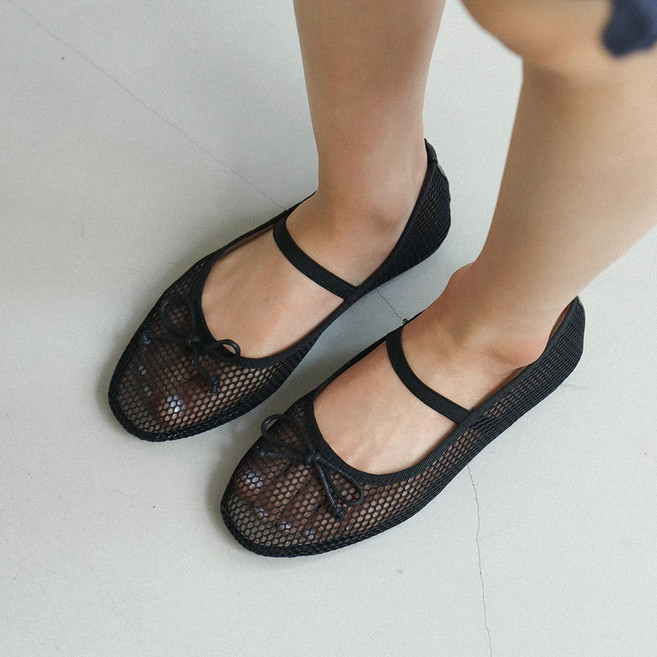 베즈 리본 시스루 매쉬 망사 밴딩 메리제인 플랫슈즈 1cm