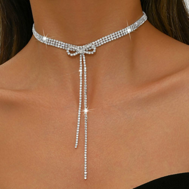 여성 리본 화이트 큐빅 줄란 체인 드롭 초커 목걸이 A1721