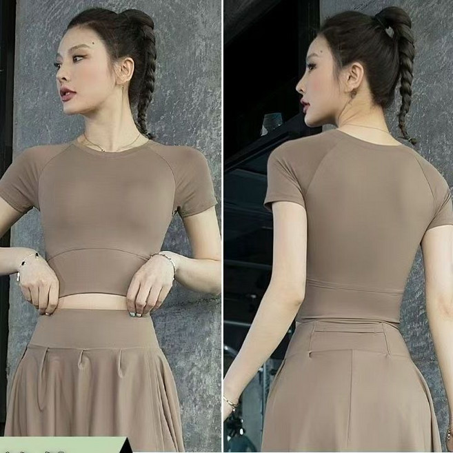 運動套裝女短袖+裙式健身褲 瑜伽服 訓練服, 1個, 可可棕短袖XL （120-135斤）