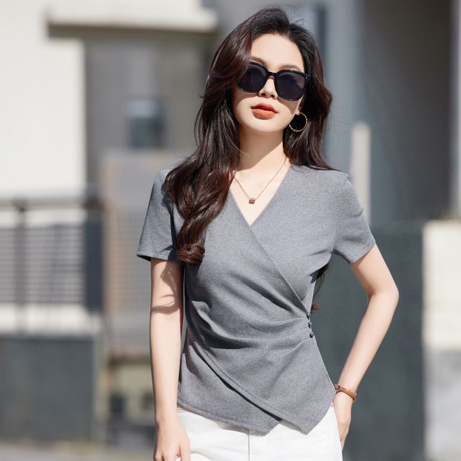 이매력 여성 [ 3컬러 6사이즈 ] 여성스러운 브이넥 랩스타일 무지 면 스판 반팔 티셔츠YL52037