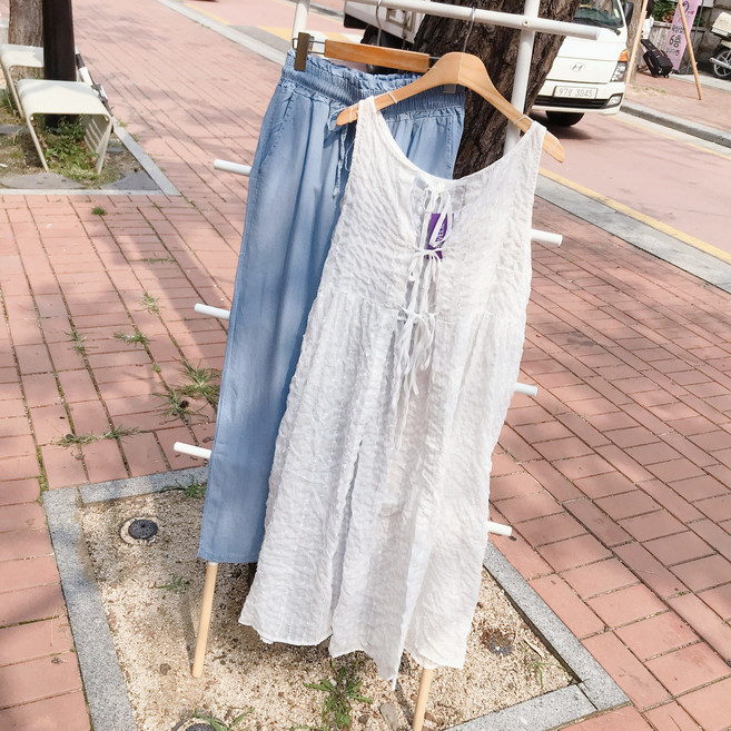 레이어드 시스루 나시 오픈 롱 리본 원피스