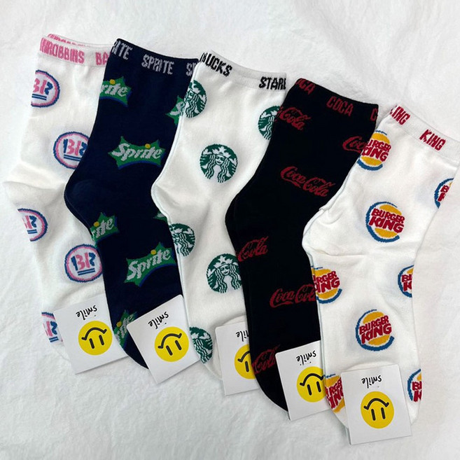 국산 남녀 로고스패턴 골지 중목 인싸템 스트릿 패션 남자 여자 발목양말 5개 구성