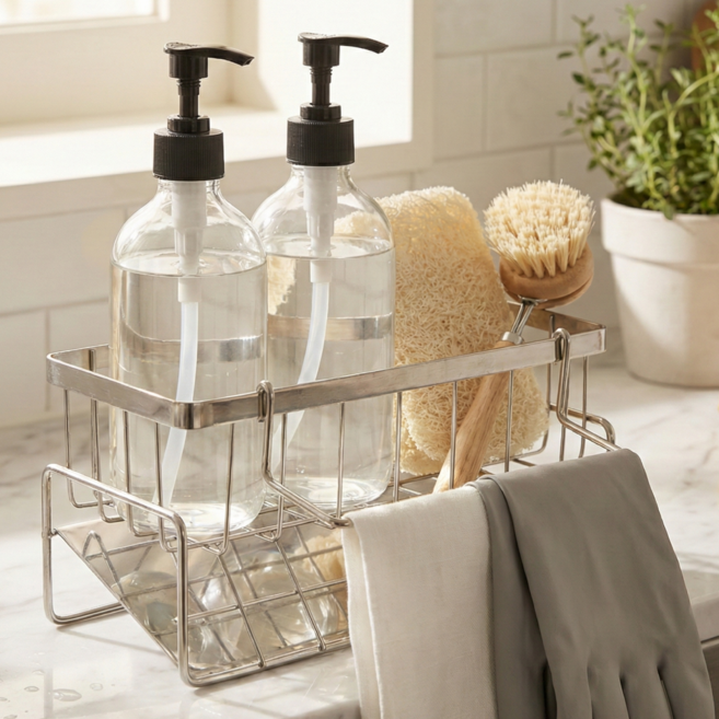 스테니아 자동 물빠짐 싱크대 수세미거치대, 1개, 실버