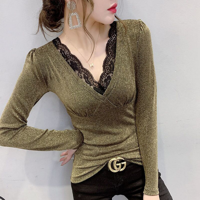 페이준 레이스 프릴 섹시 보이넥 긴팔 티셔츠 슬림핏 스판 댄스복상의 모임 공연 단체티 AB13