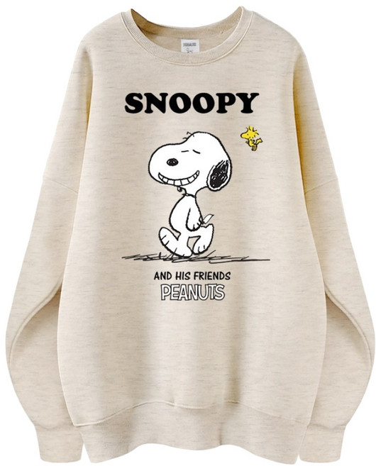 스누피 정품 남녀공용 오버핏 캐릭터 라운드 맨투맨 빅사이즈 데일리 티 루즈핏 커플 티셔츠 남자 여성 롱티 단체티 해피스누피