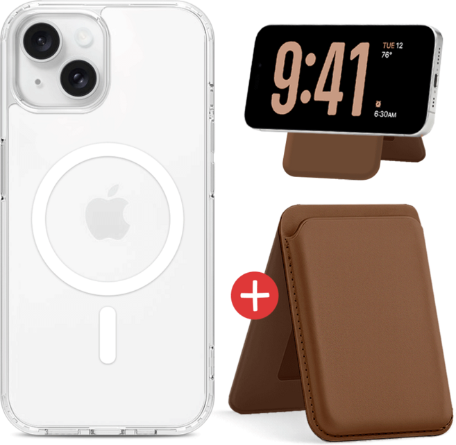 뷰씨 마그네틱 자력 UP 맥세이프 케이스 + 카드 3장 수납 가죽 홀더 지갑 거치대 세트