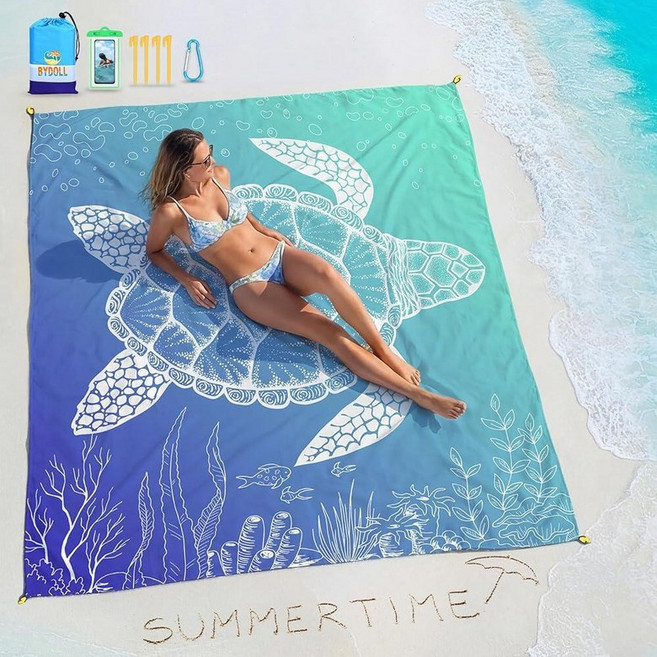 BYDOLL Beach Blanket Waterproof Sandproof 78''81'' Suits 1-4 Adults Compact Lightweight Oversized, 78인치 X 81인치, 바다 거북이