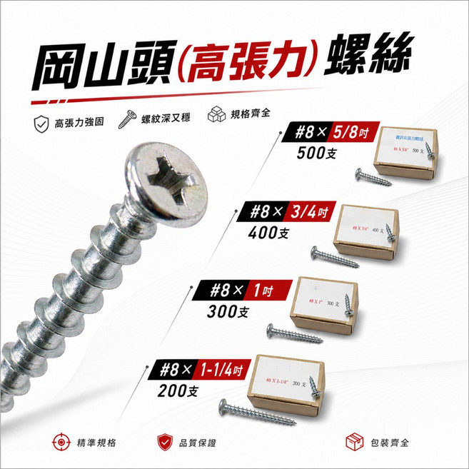 岡山頭 高張力十字螺絲 鐵板牙水泥自攻螺絲 台灣製, 1盒,3/4" 約19mm,數量400支, 1個