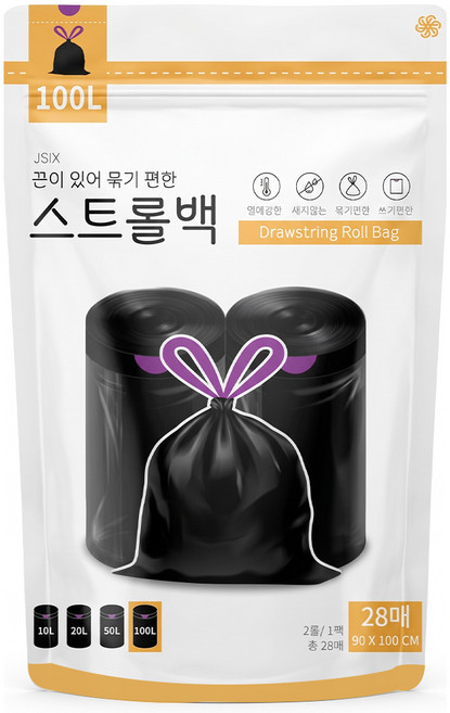 스트롤백 끈 달린 검정 비닐 봉투 배달 묶기 편한 끈있는, 28개, 100L