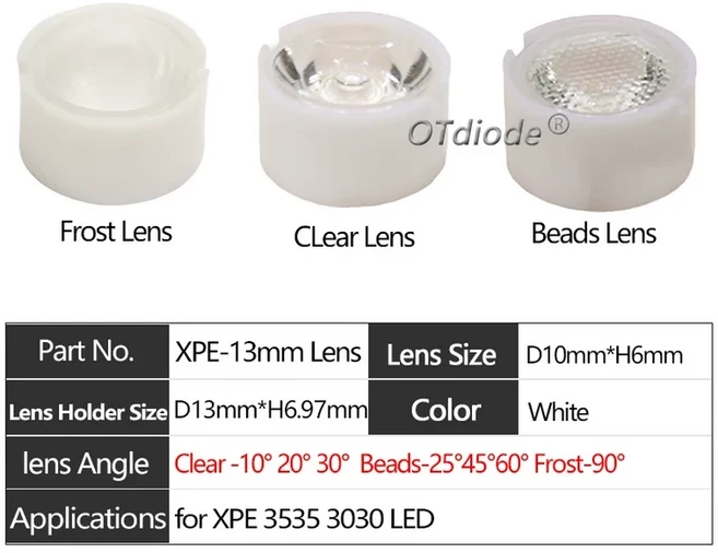5-100pcs 3030 XPE 3535 led 렌즈 13mm 10 20 45 60 90 학위 홀더 1W 3W 5W XPG2 이미 터 Plano 반사경 콜, 01 With White Holder, 06 30 degree Clear lens, 01 13mm 100pcs