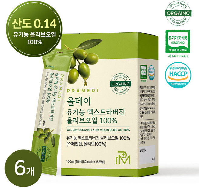 프라메디 산도 0.14 올데이 유기농 엑스트라버진 올리브오일, 6개, 150ml