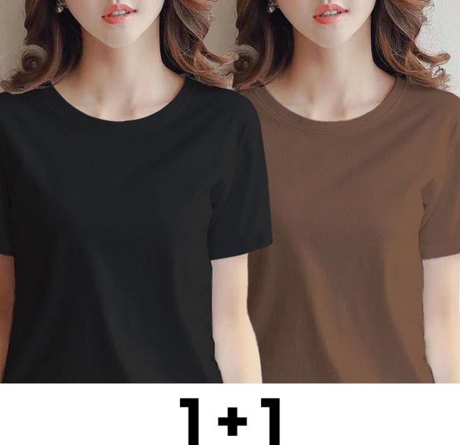 메인워크 1+1 중년 여성 빅사이즈 라운드넥 반팔 티셔츠 여름용 엄마룩 스판 모달 루즈핏 솔리드 냉장고 심플 아이스 이너웨어 상의 2매입