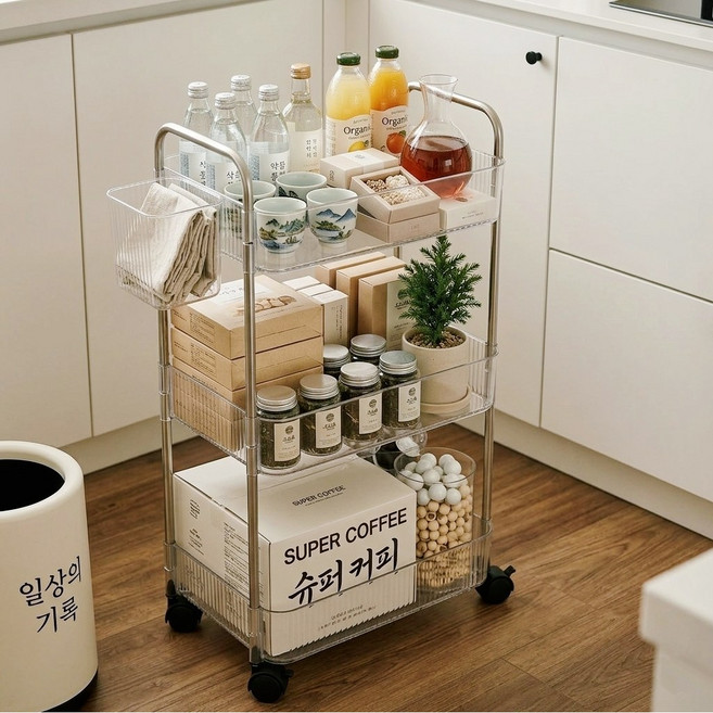 GEELII 이동식 트롤리 수납 선반 분리형 외장 수납함 2개 포함, 3단, 투명 아크릴