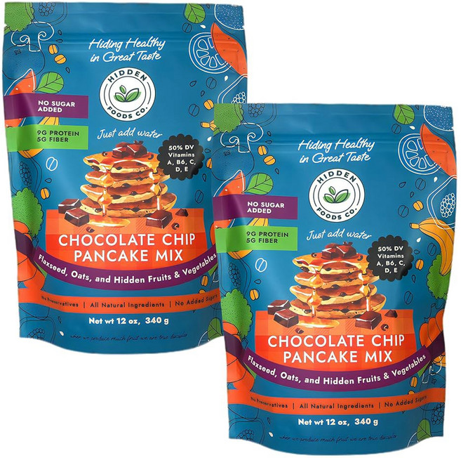 히든 푸드 초콜릿 팬케이크 믹스 위드 몽크 프루트 - 초콜릿 칩 팬케이크 완벽한 아침 식사 - 섬유질 및 단백질 초코 팬케이크 믹스 위드 밀 & 오트 밀가루 야채 블렌드 - 와플, Chocolate Pancake, 12 Ounce (Pack of 2)