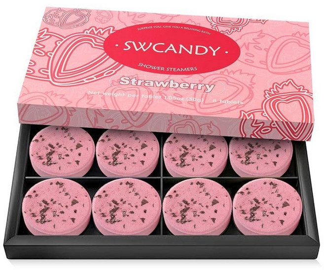 Shower Steamers 아로마테라피 SWCANDY 8팩 엄마 어머니의 날 선물 아내 딸 할머니 여성 자매 십대 자연 추출물 에센셜 오일 홈 스파 셀프 케어 스트레스 해소, strawberry, 30g