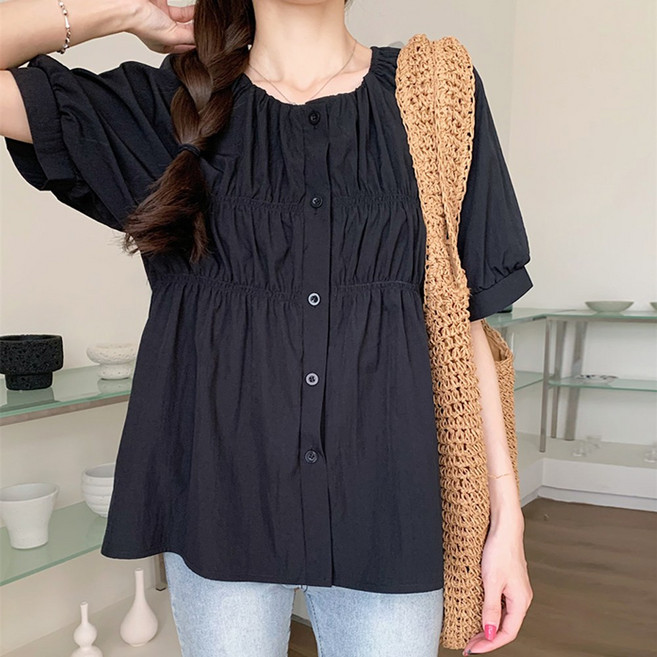 메이킹유 퍼프 반팔 셔링 라운드 WB66039안드리블라우스