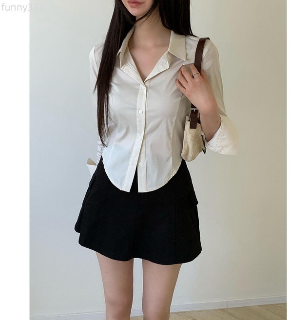 日系修身長袖襯衫女春秋季新款氣質上衣