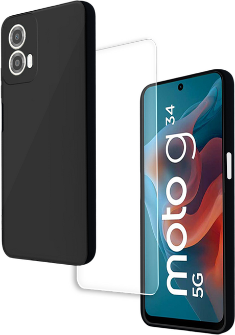 모토로라 모토 G34 5G 매트블랙 풀커버 슬림핏 케이스 + 액정강화 방탄유리 필름