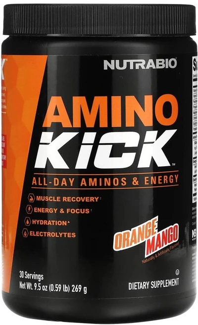 뉴트라바이오 랩스 아미노 킥 오렌지 망고 Nutrabio Labs Amino Kick Orange Mango 269g, 1개 - 쿠팡