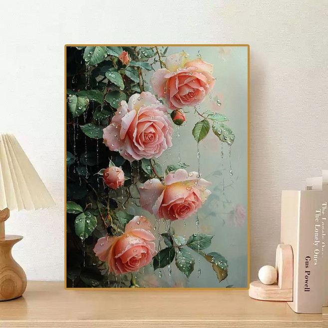 국풍 스타일의 아름다운 모란 꽃과 풍경을 그린 수제 채색 벽걸이 그림 3D보석십자수 캔버스형 액자 세트 재물운과 행복을 불러오는 명화 풍수 인테리어, ZL-259, 80*100cm (액자 없음), 1개