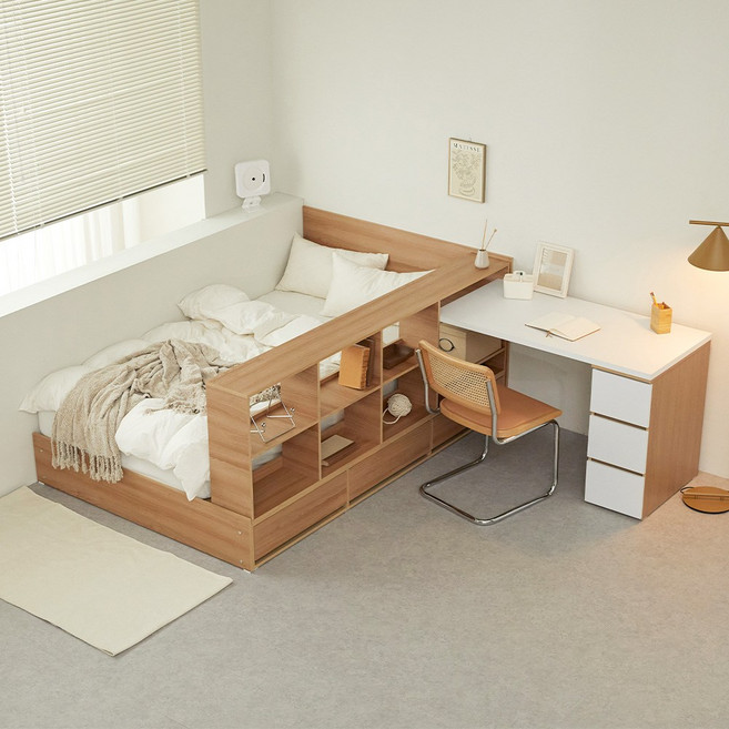 파로마 큐브A 책장형 수납침대+책상포함 슈퍼싱글 프레임만, 오크 A02