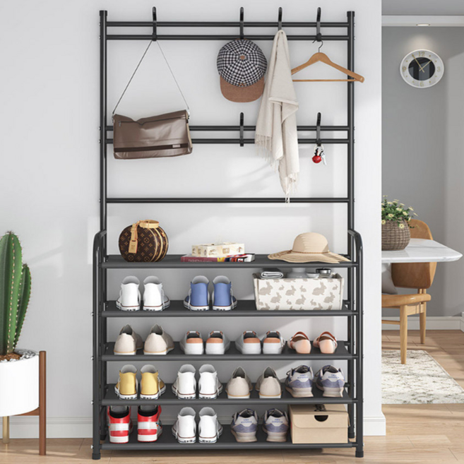 [도도가] 현관 신발장 겸용 옷걸이 수납선반 일체형 정리대 다용도 철제 행거 선반 신발정리 랙, 1개