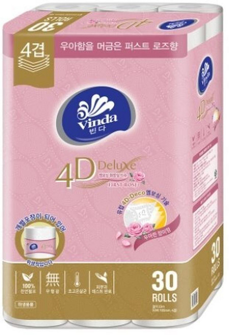 빈다 4D Deluxe 엠보싱 화장실 티슈 퍼스트 로즈, 23m, 30개입, 6개