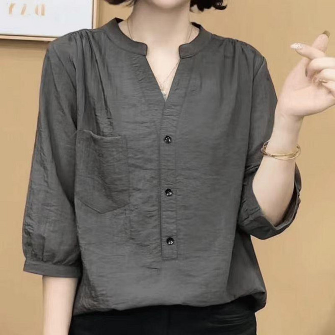 寬鬆夏季薄款大碼純色中袖襯衫上衣襯衣 副廠商品