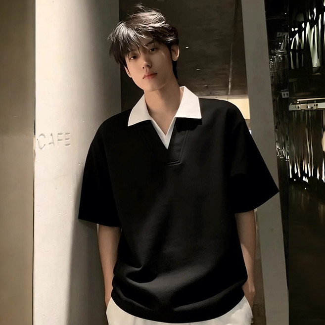 ANYOU 남성 V넥 반팔 폴로 디자인 티셔츠 베이직 오버핏 캐주얼 데일 2in1 투피스 디자인 상의