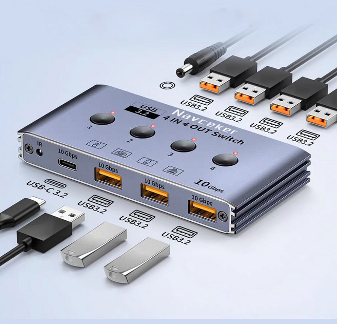 10Gbps USB 3.2 스위치 4대의 컴퓨터가 4개의 주변기기를 공유하는 4포트 USB 3.0 스위처 (마우스 키보드 프린터용 리모컨 및 케이블 포함), 1개, ZY-AU4