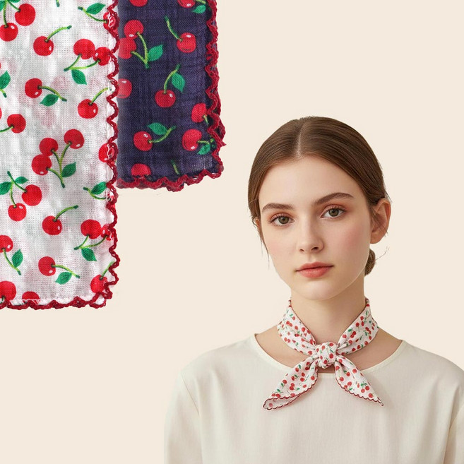 라이크라라 국산 체리 엠보 레이스 면 스카프 손수건