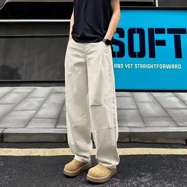 春夏季復古純色褶皺寬鬆工裝褲子男款潮牌黑色休閒褲直筒百搭長褲