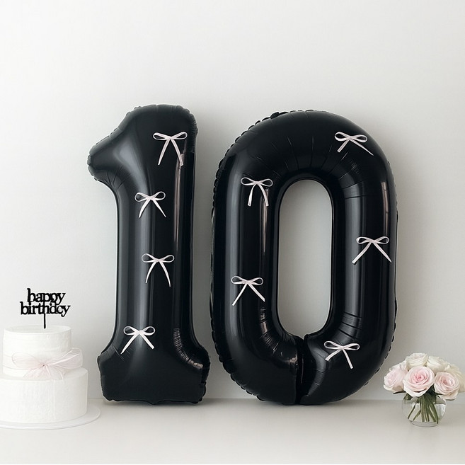 해피제이니 블랙 초대형 숫자 풍선 핑크리본 이벤트 기념일 생일, 1개, 블랙숫자+핑크리본 10