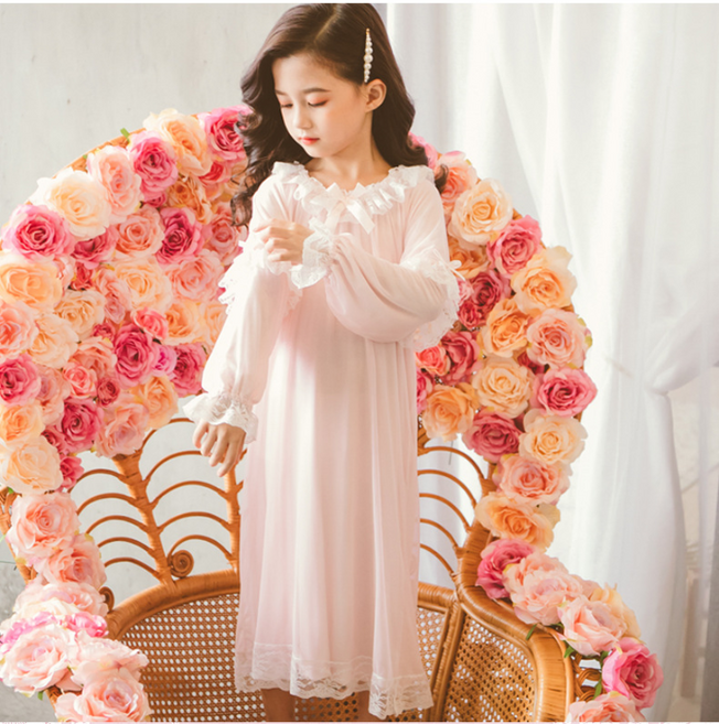 여아 순면 공주 긴팔 레이스 드레스 아동 잠옷