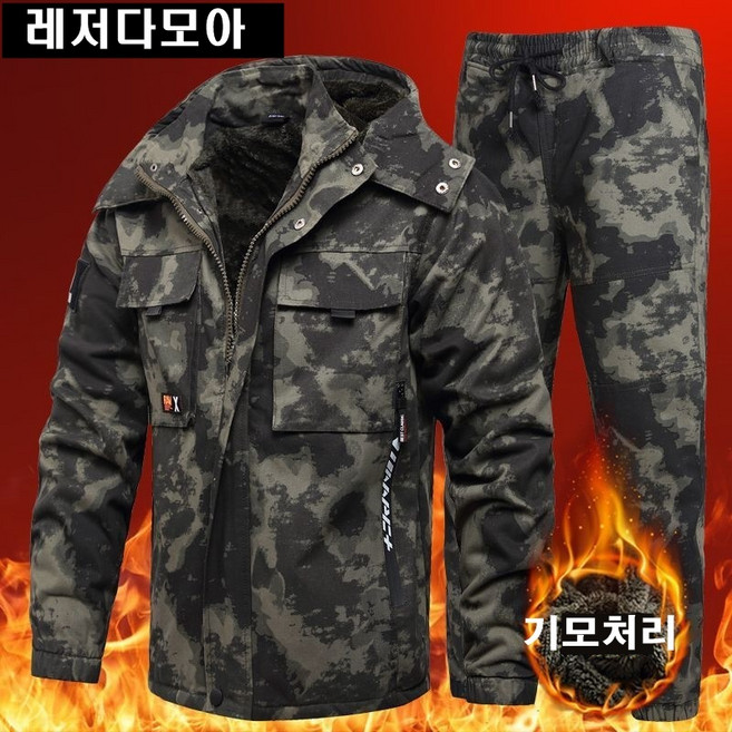 낚시방한복 동계 겨울 낚시복 방한복 카모 점퍼 상하의 세트, 카키밀리터리