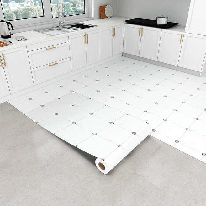 Fowod 주방 욕실 방수 타일 몰딩 바닥 시트지 바닥롤 스티커, 화이트빅체크