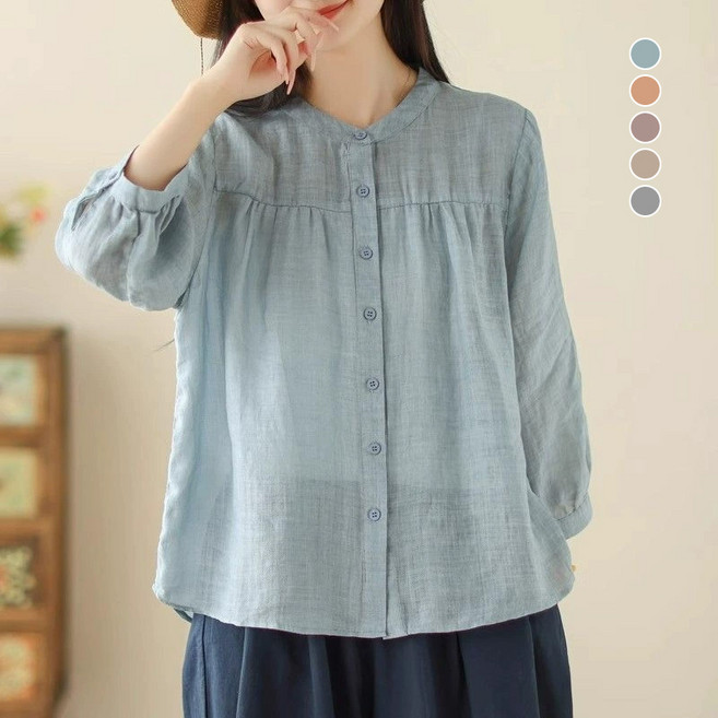 여성 린넨 코튼 7부소매 차이나카라 셔츠 루즈핏 캐주얼 오픈형 남방 가디건 스타일 데일리 상의